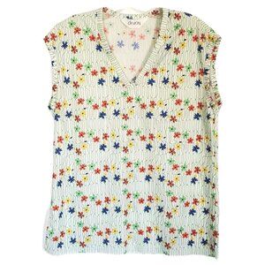 Vintage 1970s Floral Striped Tank Rainbow Flowers S/M
